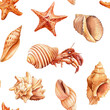 © Hanna - Seamless pattern with starfish, crab, shells. Nautical background for wallpaper. Watercolor illustration