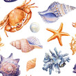 © Hanna - Nautical background for wallpaper. Watercolor illustration. Seamless pattern with starfish, crab, shells.