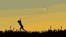 Silhouette Of Child Flying Kites At Sunset On The Lawn. Vector Illustration
