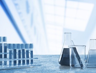 Poster - Science glass flask with extraction glassware set with blue chemical molecular structure in chemistry science lab.