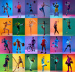 canvas print picture - Set of images of different professional sportsmen, fit people and kids in action, motion isolated on multicolor background in neon. Collage