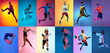 canvas print picture - Collage of professional sportsmen in action and motion isolated on multicolored background in neon light. Flyer. Advertising, sport life concept
