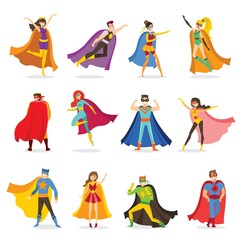 Vector illustrations in flat design of female and male superheroes in funny comics costume