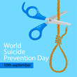 Scissors cutting a knot ? a problem solving concept. World Suicide Prevention Day concept with awareness ribbon. Design for poster, greeting card, banner, and background.