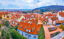 Panorama Of The Lesser Quarter (Mala Strana) Roofs And Petrin Hill With Petrin Lookout Tower, Prague, Czech Republic