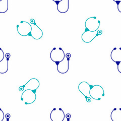 Poster - Blue Stethoscope medical instrument icon isolated seamless pattern on white background. Vector