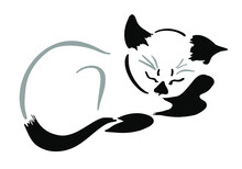 Sleeping Kitten Drawing. Black And White Drawing. Vector Drawing Of A Cat Illustration.