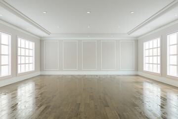 Empty room with White wall background old wooden floor, Living room - 3D Rendering