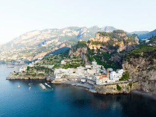 Wall Mural - View from above, stunning aerial view of the village of Atrani. Atrani is a city and comune on the Amalfi Coast in the province of Salerno, Italy. Tilt-shift effect applied.