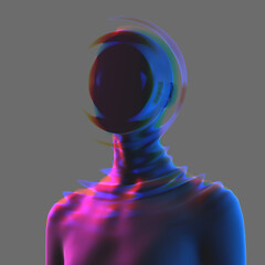 Abstract creative illustration from 3D rendering of female bust figure with water ripple effect anonymous face isolated on gray background in vaporwave style colors. 