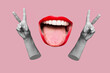 Leinwandbild Motiv Two female hands showing a peace gesture and women wide open mouth showing tongue isolated on a pink color background. Trendy abstact collage in magazine style. 3d contemporary art. Modern design