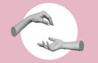Female hand makes a gesture like handing the hanging object to outstretched hand isolated on a pink and white background. Handover. 3d trendy collage in magazine style. Contemporary art. Modern design