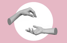 Female Hand Makes A Gesture Like Handing The Hanging Object To Outstretched Hand Isolated On A Pink And White Background. Handover. 3d Trendy Collage In Magazine Style. Contemporary Art. Modern Design