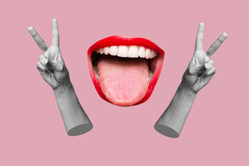 Two female hands showing a peace gesture and women wide open mouth showing tongue isolated on a pink color background. Trendy abstact collage in magazine style. 3d contemporary art. Modern design