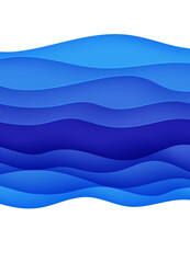 Wall Mural - Abstract background with water waves in paper cut style. 3d wallpaper with cut out deep wavy modern cover. Blue color layers with smooth shadow papercut art. Vector illustration, origami shapes