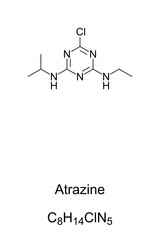 Atrazine, chemical formula and structure. Herbicide used to prevent pre emergence broadleaf weeds in crops, sugarcane and on turf. Second most widely used herbicide in the US, but banned in the EU.