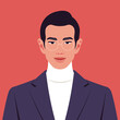 Portrait of a young Asian man. Avatar of a successful businessman with eyeglasses. Politician. Vector flat illustration