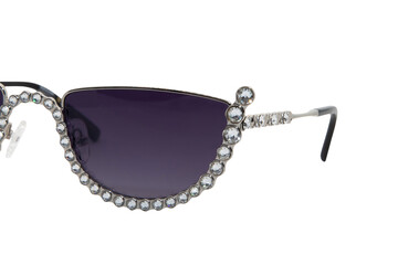 Diamond cat eye Sunglasses Dark purple shades with silver frame closeup view