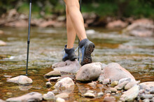 Trekker Legs Walking Crossing River