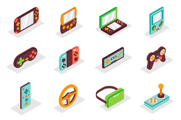Poster - Games gadgets concept 3d isometric icons set. Pack isometry elements of console, joystick, play controller, tablet, gamepad, vr glasses, computer and other. Vector illustration for modern web design