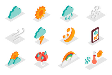 Wall Mural - weather forecast concept 3d isometric icons set. pack isometry elements of cloud, sun, rain, snowfla