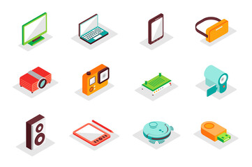 Poster - Electronics concept 3d isometric icons set. Pack isometry elements of computer, laptop, smartphone, vr glasses, camera, music speaker, wifi router and other. Vector illustration for modern web design
