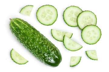 Wall Mural - Sliced cucumber isolated on white background with full depth of field. Top view. Flat lay