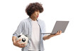 © Ljupco Smokovski - Football fan holding a laptop computer and a ball
