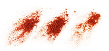 Set Pile Of Red Paprika Powder Isolated On White, Top View