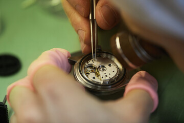 Wall Mural - Macro image of unrecognizable watchmaker using tweezers while assembling mechanical watch