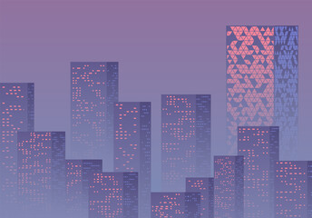 Wall Mural - Violet sunset over the business city with skyscrapers. Purple highrise cityscape background in 80s style with sun reflections in the windows