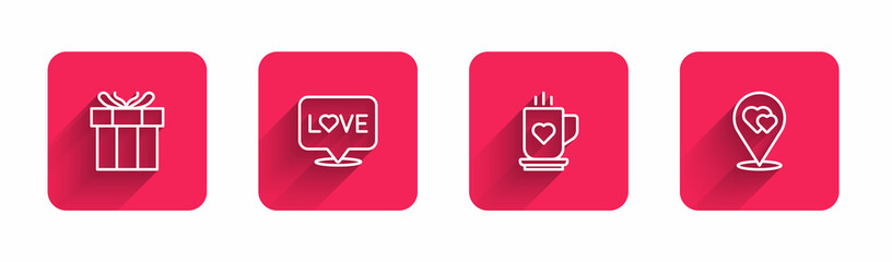 Sticker - Set line Gift box, Love text, Coffee cup and heart and Location with with long shadow. Red square button. Vector