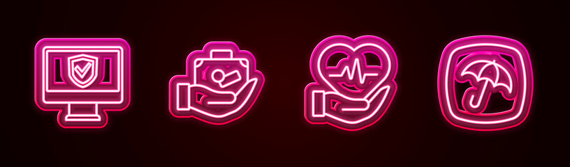 Sticker - Set line Insurance online, Travel suitcase hand, Life insurance and Umbrella. Glowing neon icon. Vector