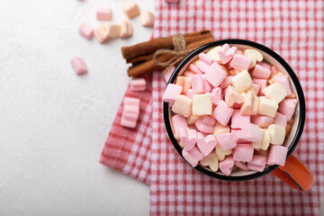 Wall Mural - Cocoa drink on texture background. Hot chocolate with small marshmallows and spices. Winter warming drink concept. Space for copy. Space for text