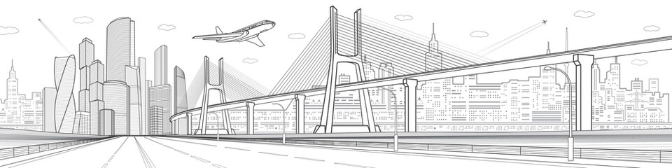 Wall Mural - Infrastructure city panorama. Large cable-stayed bridge. Gray outlines on white background.  Airplane fly. Empty highway. Modern city, towers and skyscrapers, urban scene, vector design art 