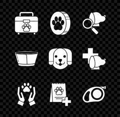 Sticker - Set Pet first aid kit, Paw print, Veterinary clinic symbol, Hands with animals footprint, Bag of food for dog, Retractable cord leash carabiner, Protective cone collar and Dog icon. Vector