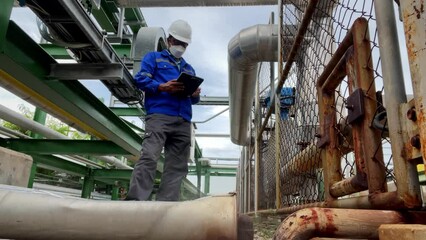 Wall Mural - Production engineers inspect industrial equipment at pipeline at factory. Referent holding a tablet with a design sheet. Concept of industry and technology