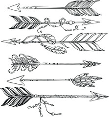 Wall Mural - boho set of ethnic arrows with beads and feathers vector hand drawn illustration