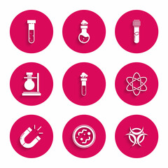 Wall Mural - Set Test tube and flask chemical, Bacteria, Biohazard symbol, Atom, Magnet, on stand, and icon. Vector