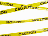 Fototapeta Miasto - Carefully! Set of yellow plastic warning tapes with inscription. Abstract warning for police officers, passersby, rescuers under construction objects, criminal cases. Danger vector.