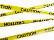 caution - inscription on yellow restrictive plastic tapes on a white background. Area fencing, danger signal for passers-by, rescuers, policemen. There are no people in the photo. Minimalism.