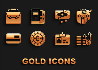 Canvas Print - Set Bitcoin, Bull and bear of stock market, Financial growth dollar, Identification badge, Credit card, Stacks paper money cash, Briefcase and Office folders icon. Vector