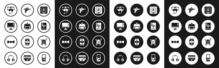 Sticker - Set Insects in a frame, Sweater, Computer monitor screen, Virtual reality glasses, Crossword, Ray gun, Viking horned helmet and Bow tie icon. Vector