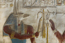 Bas-relief Of The God Anubis In The Temple Of Seti I At  Abydos . Egypt . 