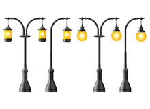 Set Of Black Realistic Street Light. Street Lamp. Vintage Lamp