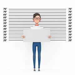 Aufkleber - Cartoon Character Person Man with Identification Plate in front of Police Lineup or Mugshot Background. 3d Rendering