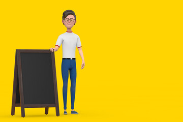 Leinwandbilder - Cartoon Character Person Man with Blank Wooden Menu Blackboards Outdoor Display. 3d Rendering