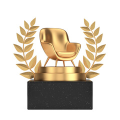 Poster - Winner Award Cube Gold Laurel Wreath Podium, Stage or Pedestal with Golden Modern Oval Shape Relax Chair. 3d Rendering