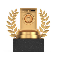 Aufkleber - Winner Award Cube Gold Laurel Wreath Podium, Stage or Pedestal with Modern Golden Washing Machine. 3d Rendering