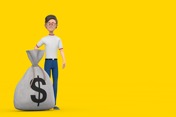 Poster - Cartoon Character Person Man and Tied Rustic Canvas Linen Money Sack or Money Bag with Dollar Sign. 3d Rendering